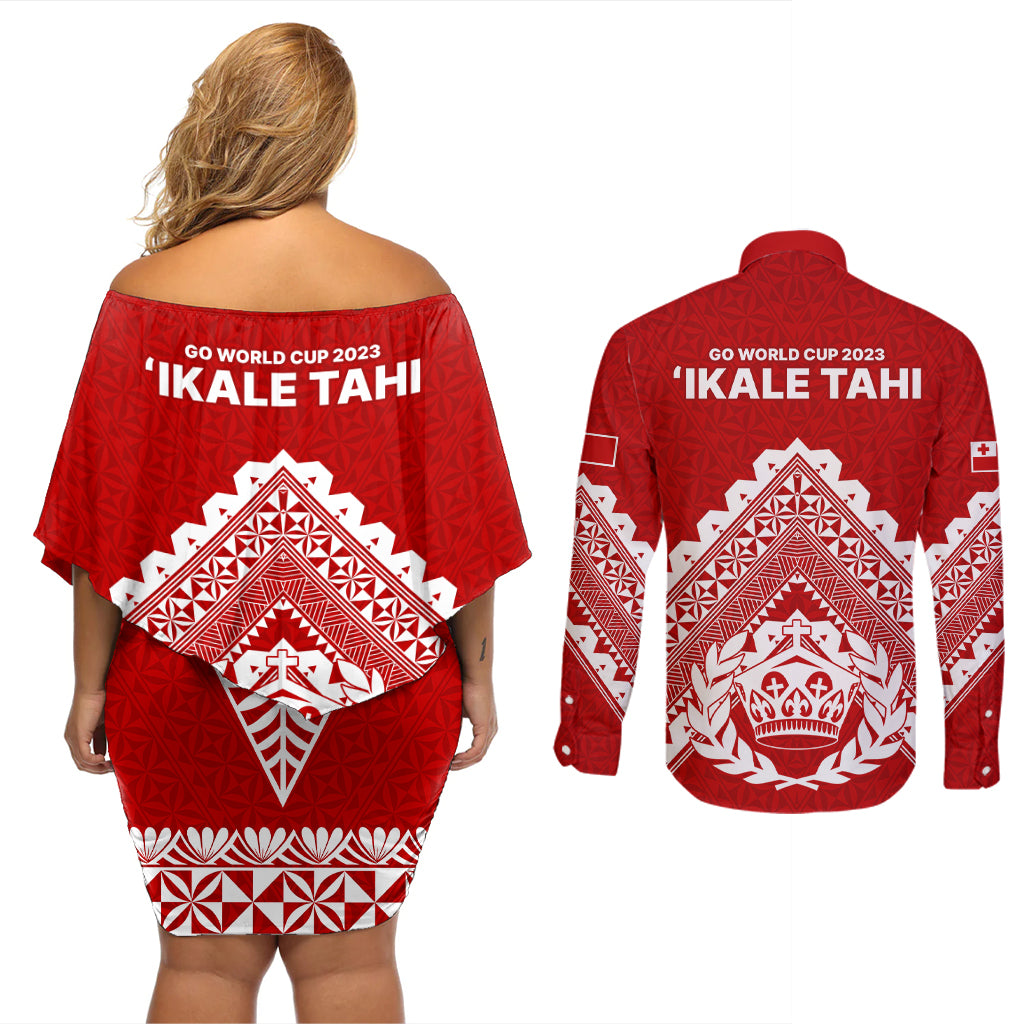 Tonga Rugby Couples Matching Off Shoulder Short Dress and Long Sleeve Button Shirts Proud Tongan Ngatu Kupesi World Cup 2023 No1 LT9 - Wonder Print Shop