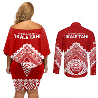 Tonga Rugby Couples Matching Off Shoulder Short Dress and Long Sleeve Button Shirts Proud Tongan Ngatu Kupesi World Cup 2023 No1 LT9 - Wonder Print Shop