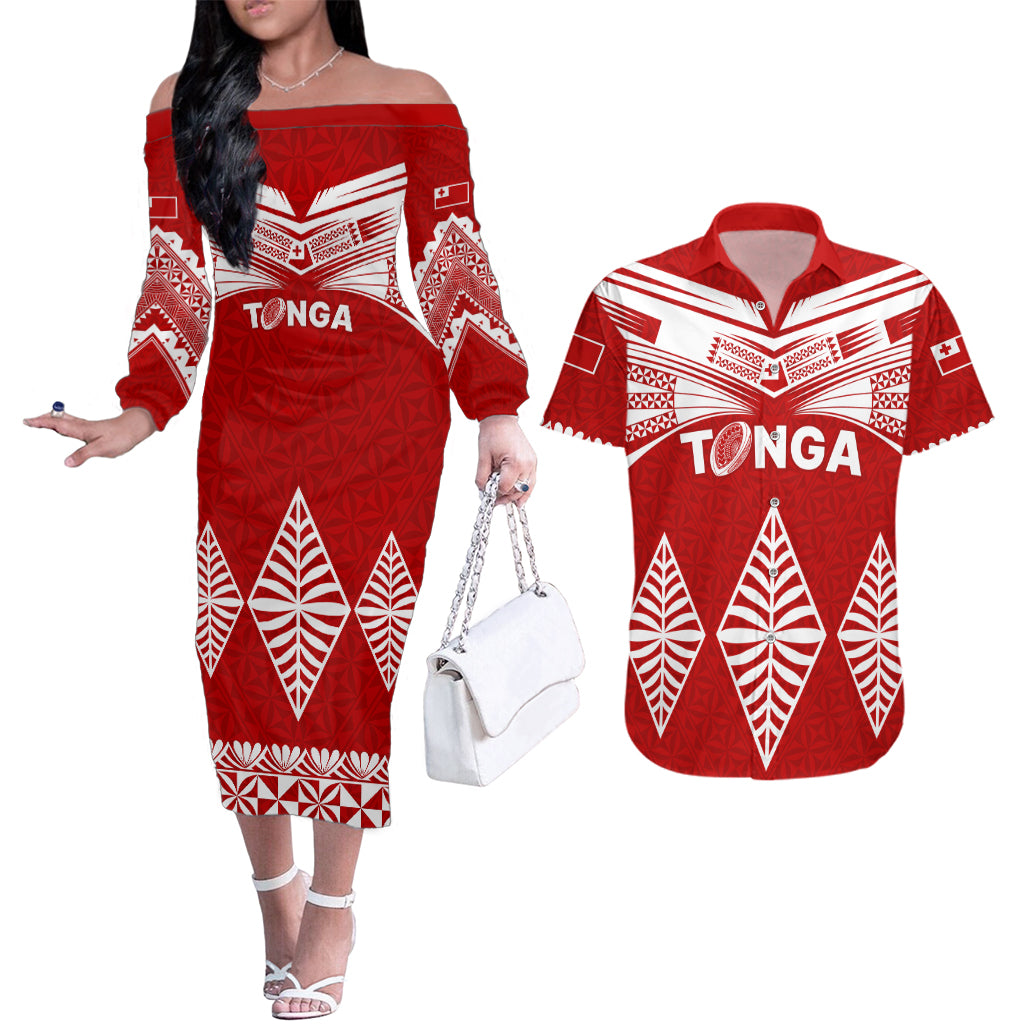 Tonga Rugby Couples Matching Off The Shoulder Long Sleeve Dress and Hawaiian Shirt Proud Tongan Ngatu Kupesi World Cup 2023 No1 LT9 - Wonder Print Shop