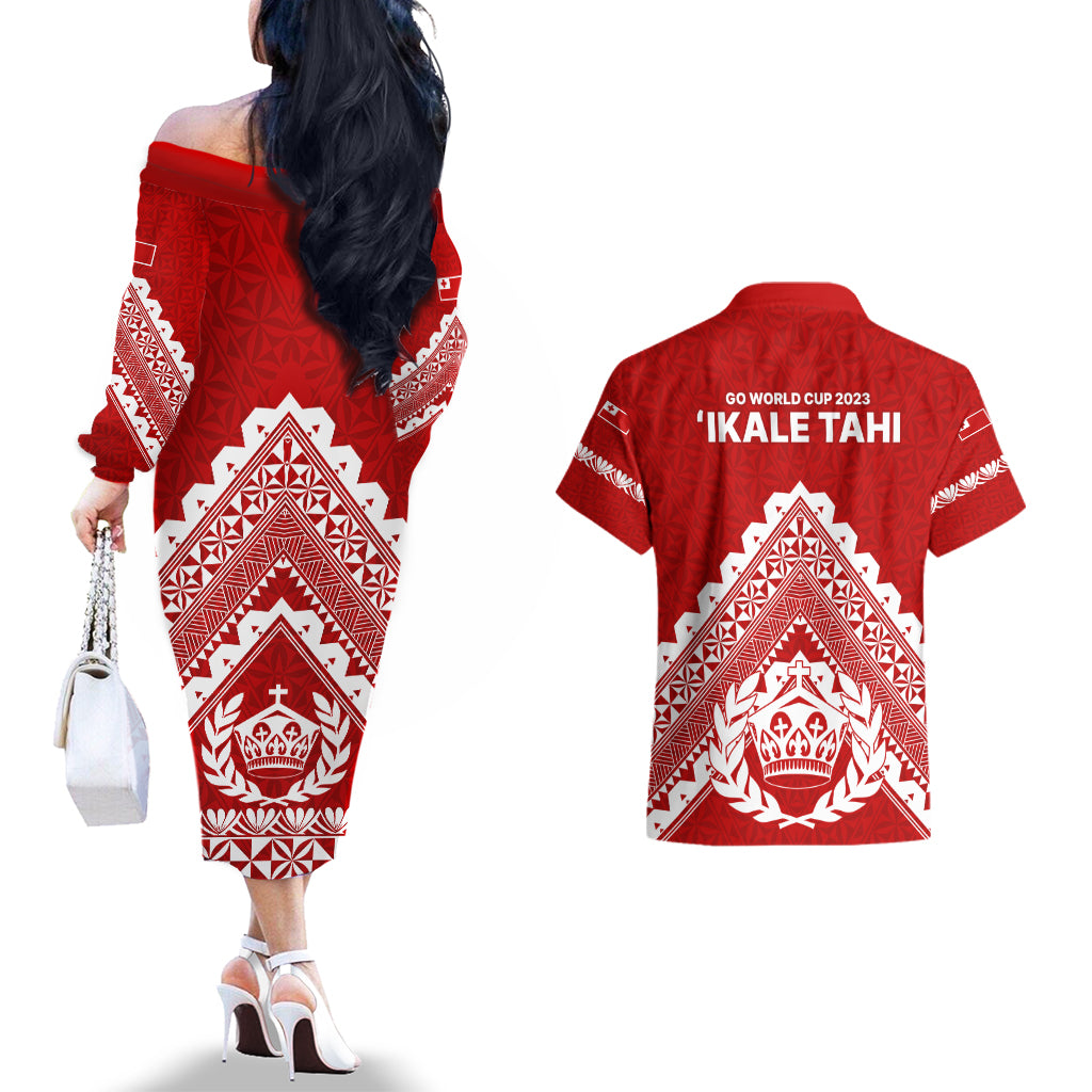 Tonga Rugby Couples Matching Off The Shoulder Long Sleeve Dress and Hawaiian Shirt Proud Tongan Ngatu Kupesi World Cup 2023 No1 LT9 - Wonder Print Shop
