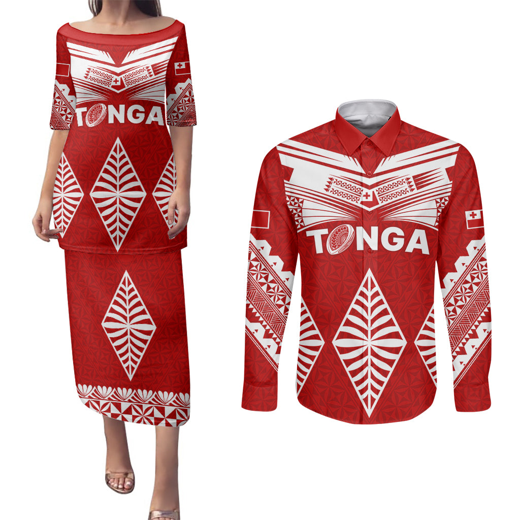 Tonga Rugby Couples Matching Puletasi Dress and Long Sleeve Button Shirts Proud Tongan Ngatu Kupesi World Cup 2023 No1 LT9 - Wonder Print Shop