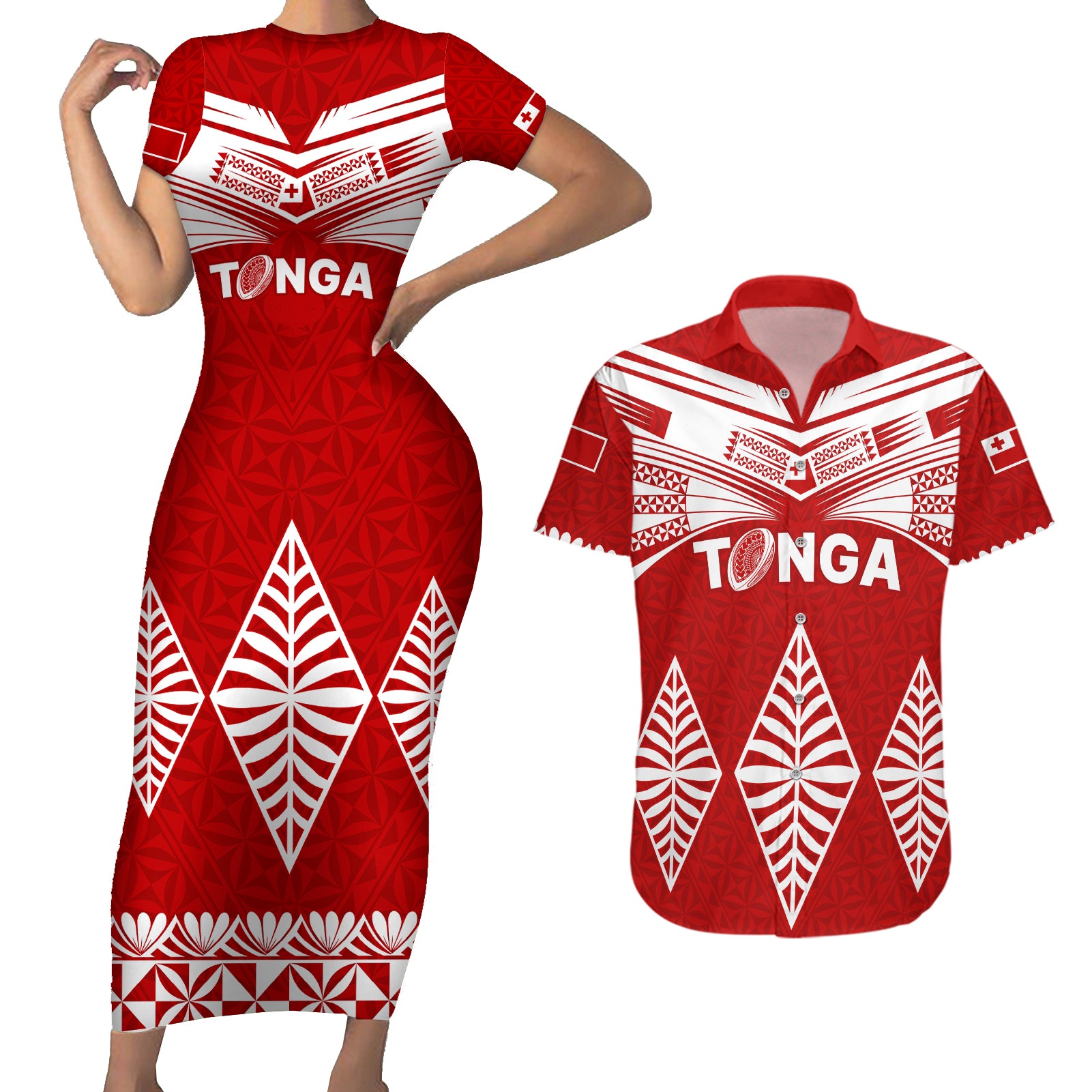 Tonga Rugby Couples Matching Short Sleeve Bodycon Dress and Hawaiian Shirt Proud Tongan Ngatu Kupesi World Cup 2023 No1 LT9 - Wonder Print Shop