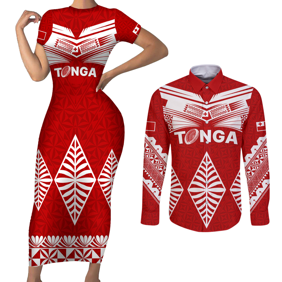 Tonga Rugby Couples Matching Short Sleeve Bodycon Dress and Long Sleeve Button Shirts Proud Tongan Ngatu Kupesi World Cup 2023 No1 LT9 - Wonder Print Shop