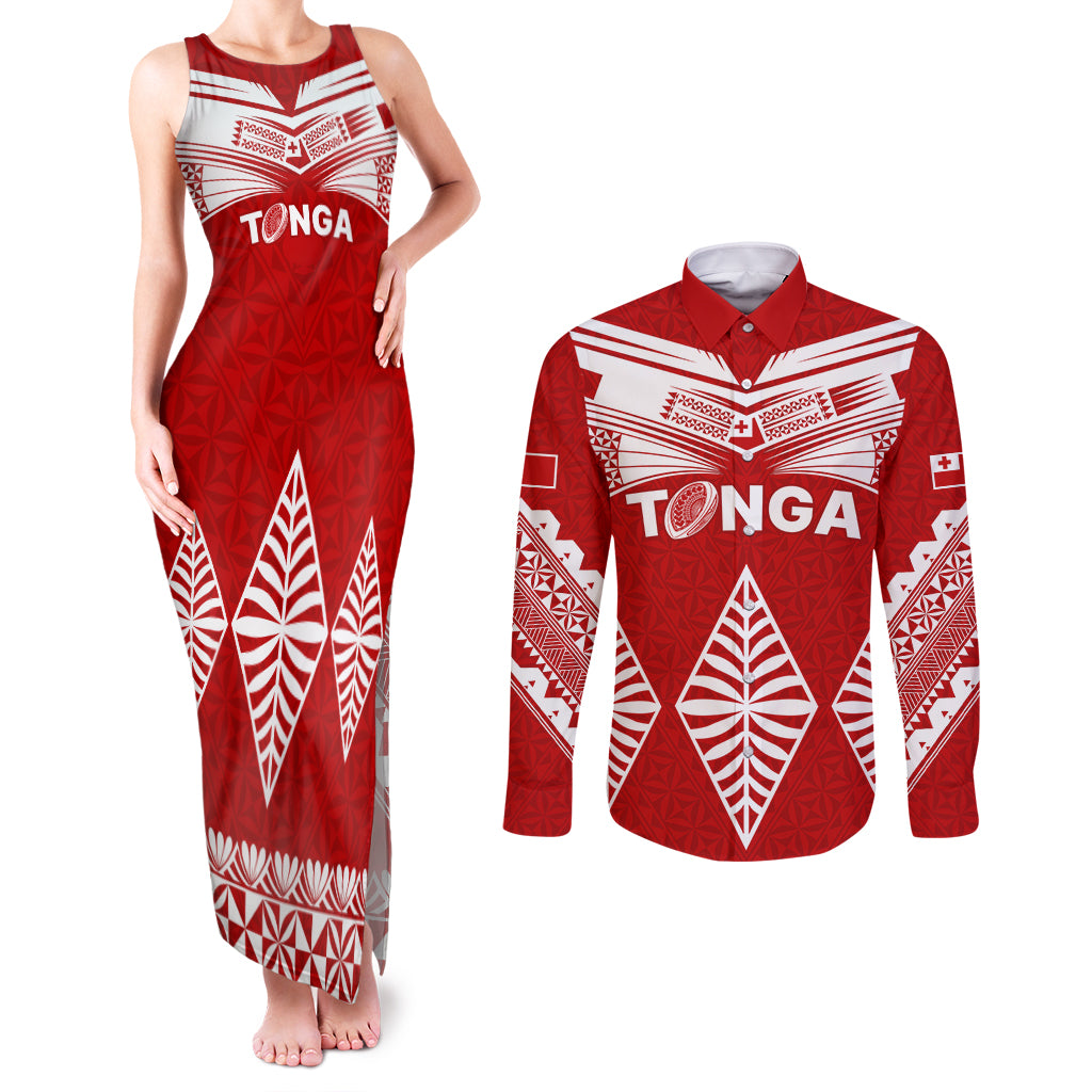 Tonga Rugby Couples Matching Tank Maxi Dress and Long Sleeve Button Shirts Proud Tongan Ngatu Kupesi World Cup 2023 No1 LT9 - Wonder Print Shop