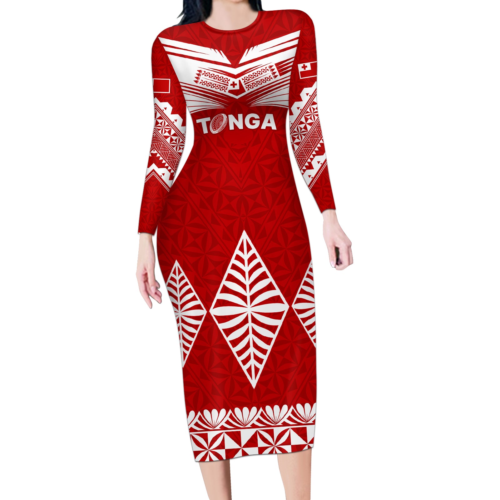 Tonga Rugby Long Sleeve Bodycon Dress Proud Tongan Ngatu Kupesi World Cup 2023 No1 - Wonder Print Shop