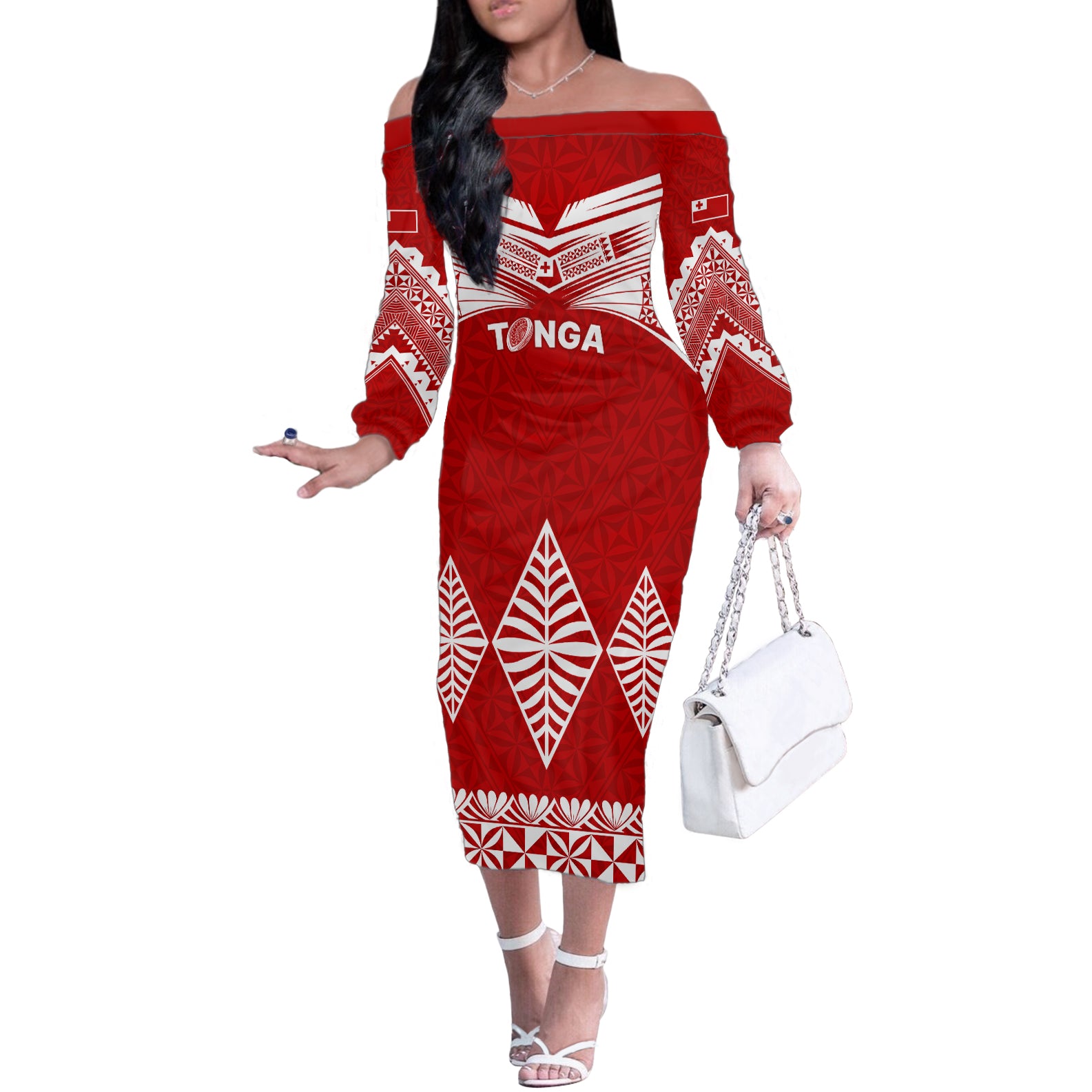 Tonga Rugby Off The Shoulder Long Sleeve Dress Proud Tongan Ngatu Kupesi World Cup 2023 No1 - Wonder Print Shop