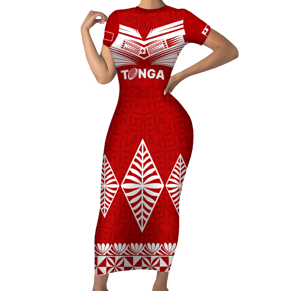Tonga Rugby Short Sleeve Bodycon Dress Proud Tongan Ngatu Kupesi World Cup 2023 No1 - Wonder Print Shop