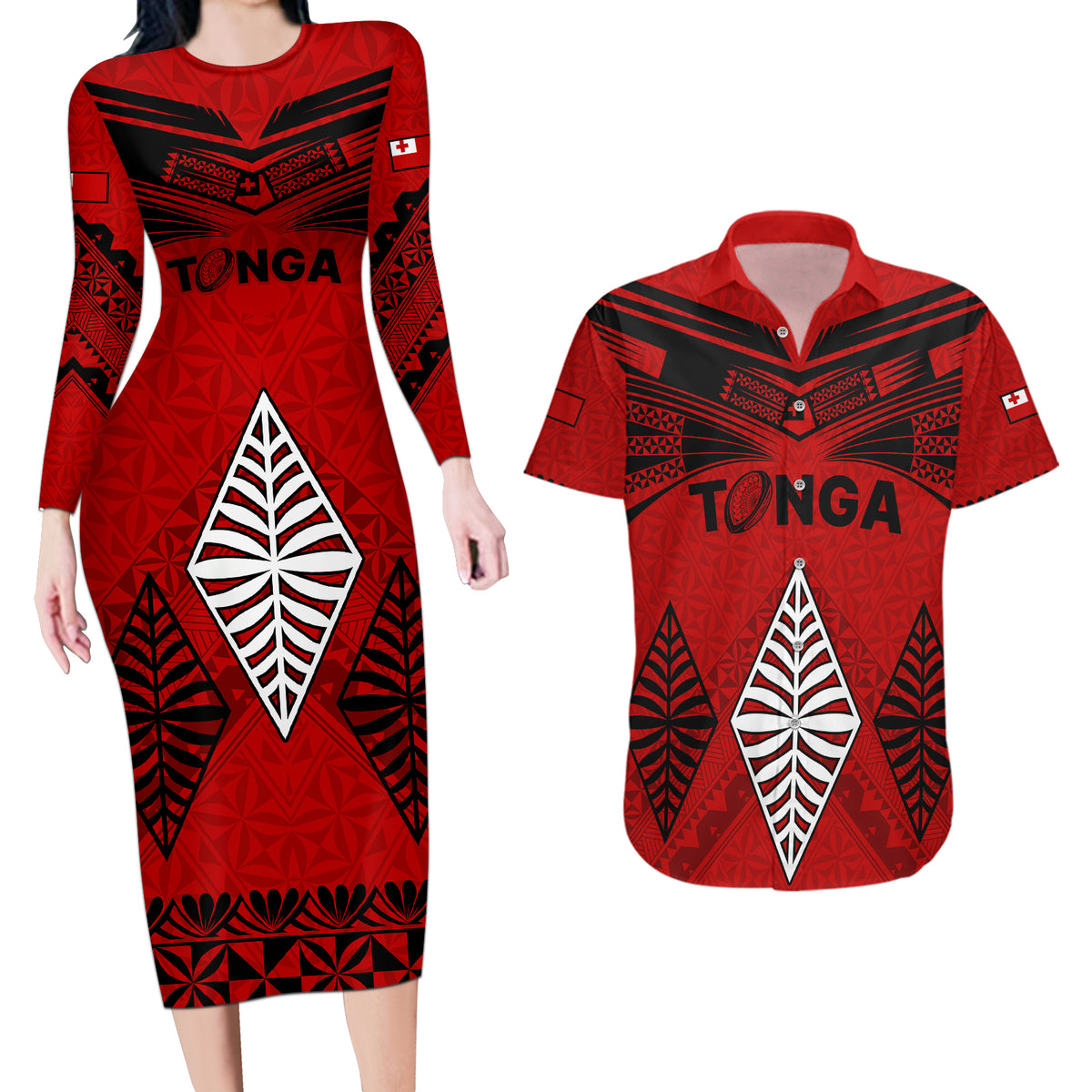 Tonga Rugby Couples Matching Long Sleeve Bodycon Dress and Hawaiian Shirt Proud Tongan Ngatu Kupesi World Cup 2023 No2 LT9 - Wonder Print Shop