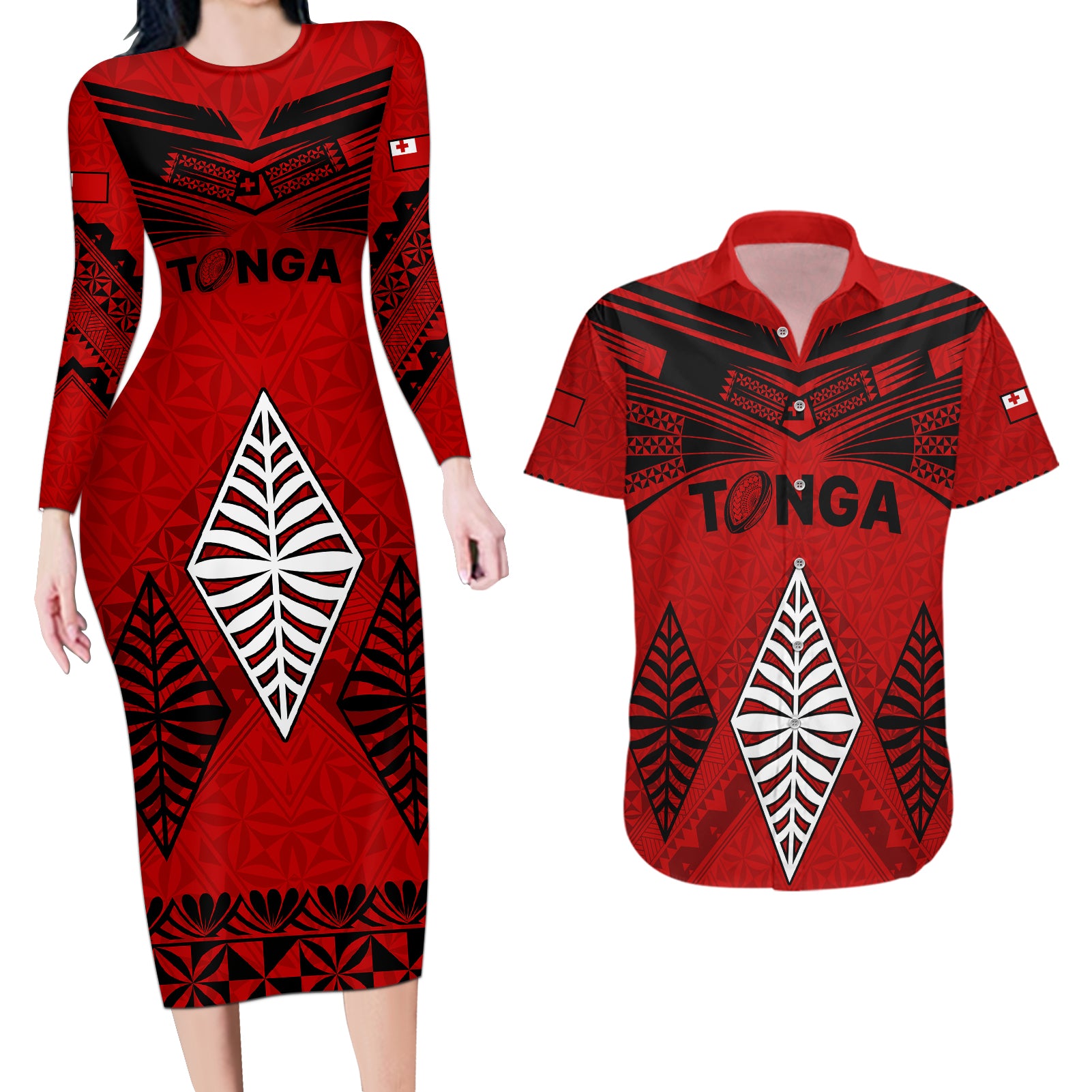 Tonga Rugby Couples Matching Long Sleeve Bodycon Dress and Hawaiian Shirt Proud Tongan Ngatu Kupesi World Cup 2023 No2 LT9 - Wonder Print Shop