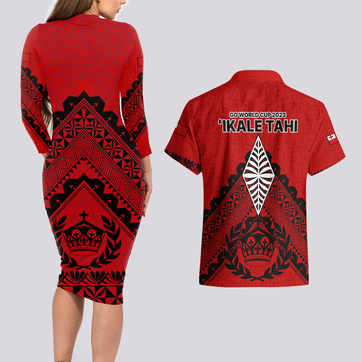 Tonga Rugby Couples Matching Long Sleeve Bodycon Dress and Hawaiian Shirt Proud Tongan Ngatu Kupesi World Cup 2023 No2 LT9 - Wonder Print Shop