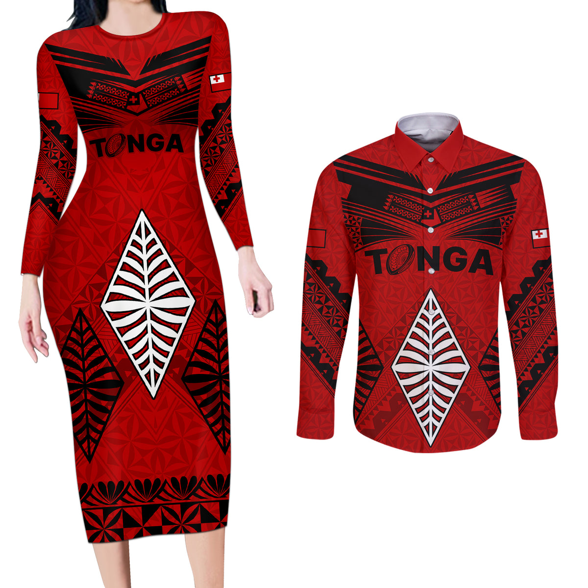 Tonga Rugby Couples Matching Long Sleeve Bodycon Dress and Long Sleeve Button Shirts Proud Tongan Ngatu Kupesi World Cup 2023 No2 LT9 - Wonder Print Shop