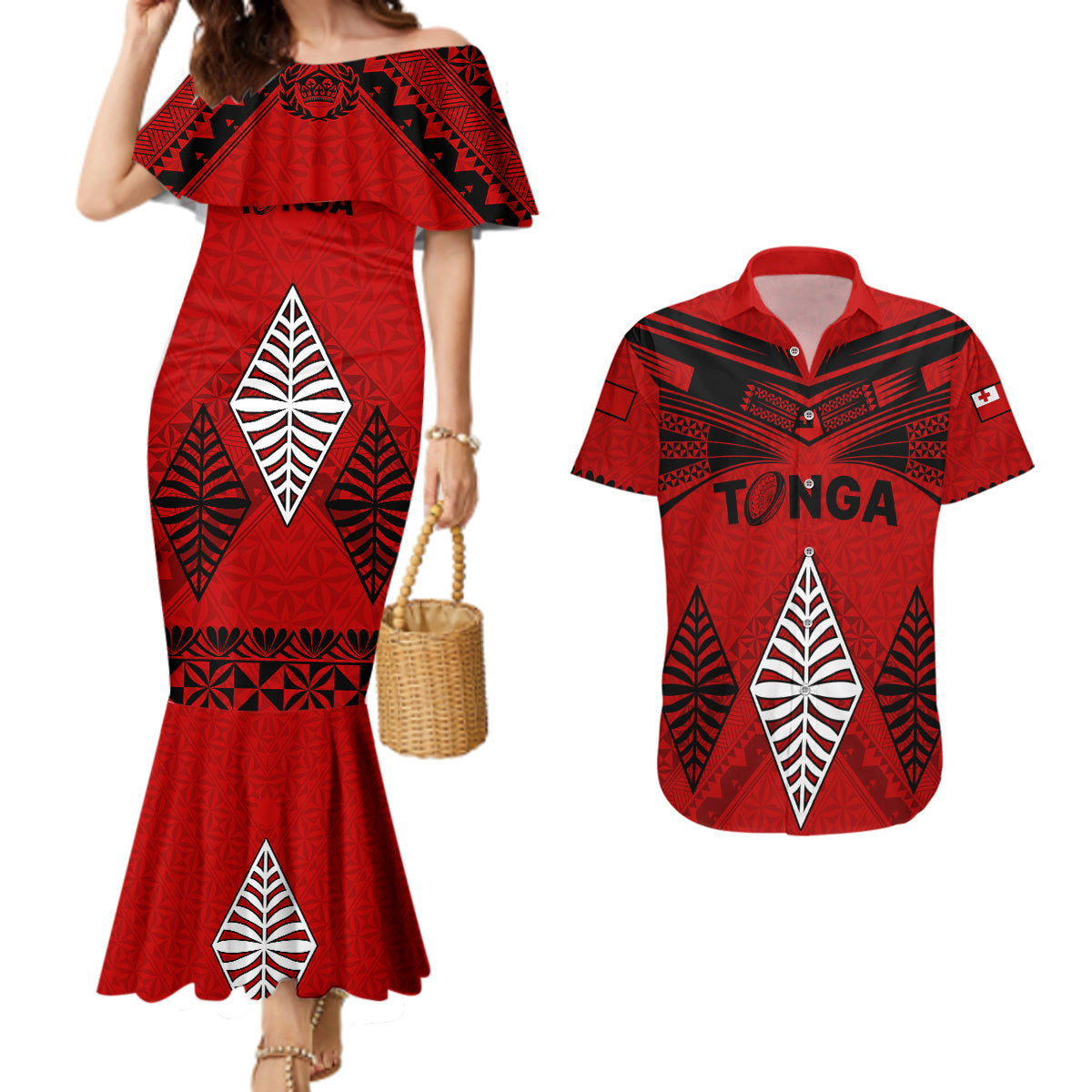 Tonga Rugby Couples Matching Mermaid Dress And Hawaiian Shirt Proud Tongan Ngatu Kupesi World Cup 2023 No2 LT9 - Wonder Print Shop