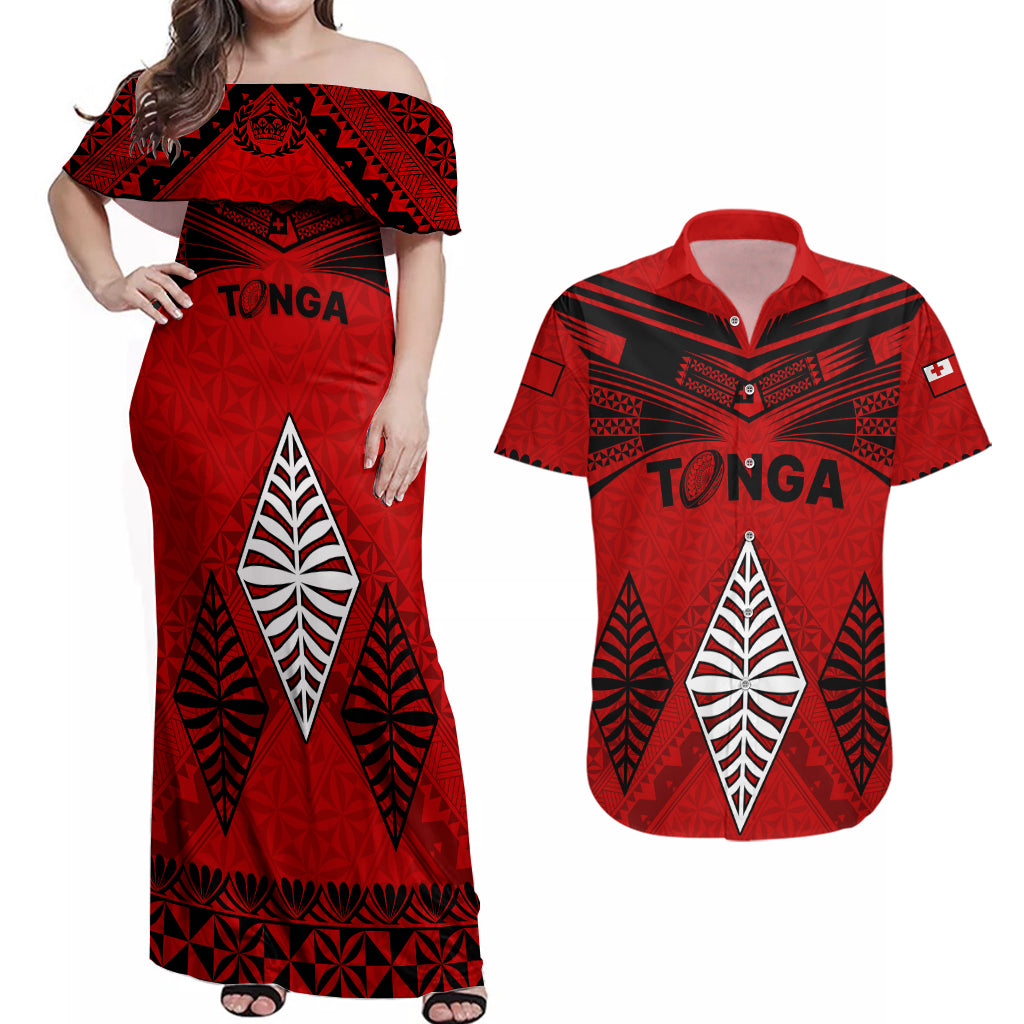Tonga Rugby Couples Matching Off Shoulder Maxi Dress and Hawaiian Shirt Proud Tongan Ngatu Kupesi World Cup 2023 No2 LT9 - Wonder Print Shop