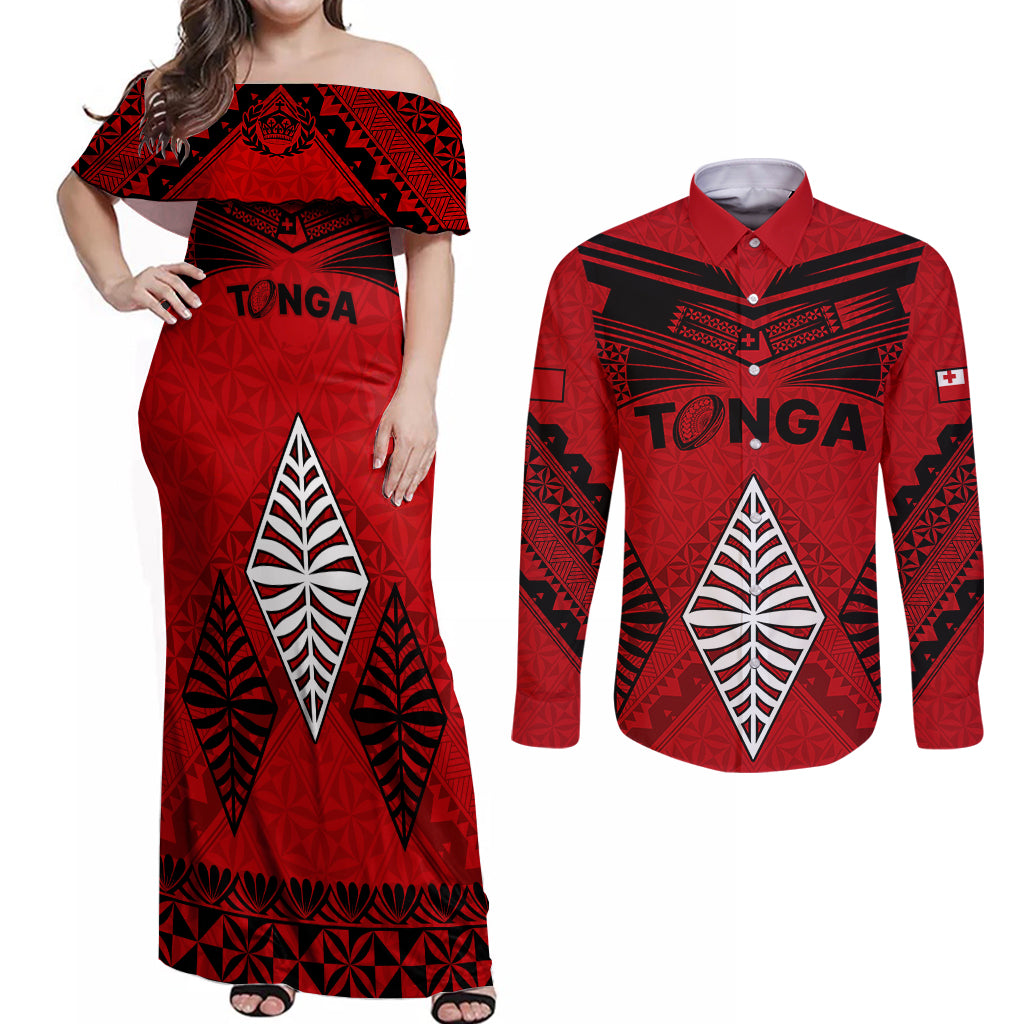 Tonga Rugby Couples Matching Off Shoulder Maxi Dress and Long Sleeve Button Shirts Proud Tongan Ngatu Kupesi World Cup 2023 No2 LT9 - Wonder Print Shop