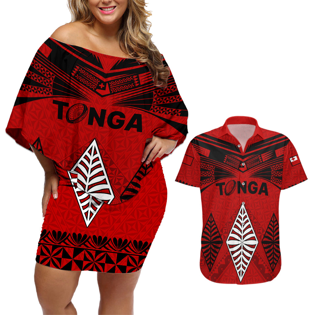 Tonga Rugby Couples Matching Off Shoulder Short Dress and Hawaiian Shirt Proud Tongan Ngatu Kupesi World Cup 2023 No2 LT9 - Wonder Print Shop