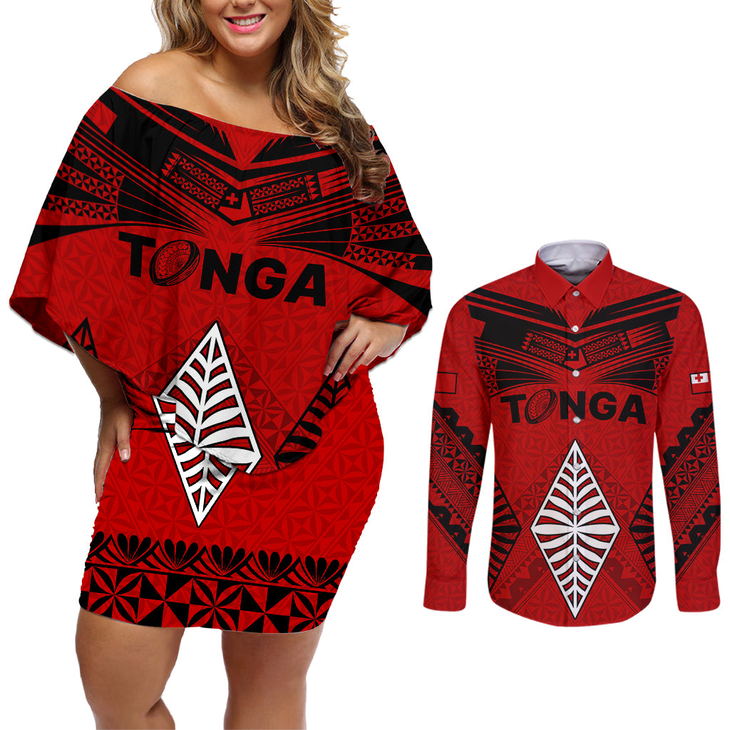 Tonga Rugby Couples Matching Off Shoulder Short Dress and Long Sleeve Button Shirts Proud Tongan Ngatu Kupesi World Cup 2023 No2 LT9 - Wonder Print Shop