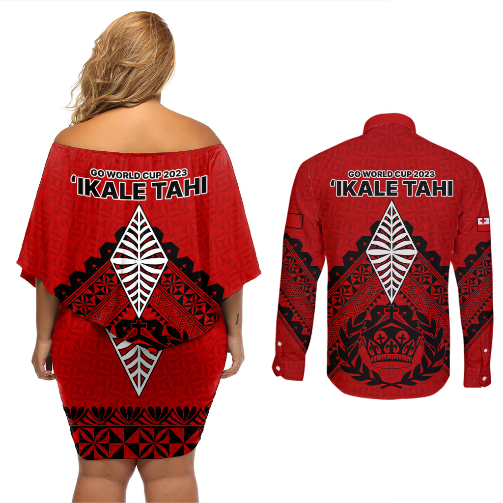 Tonga Rugby Couples Matching Off Shoulder Short Dress and Long Sleeve Button Shirts Proud Tongan Ngatu Kupesi World Cup 2023 No2 LT9 - Wonder Print Shop