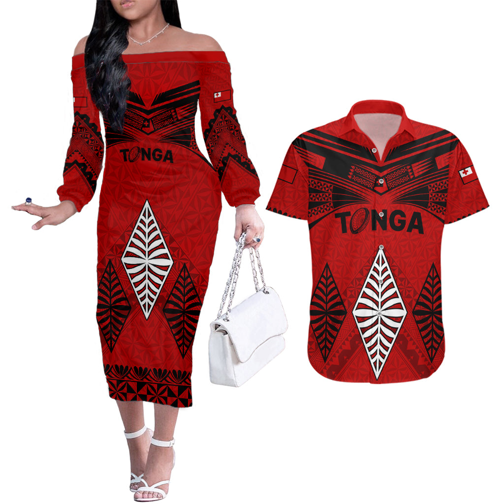 Tonga Rugby Couples Matching Off The Shoulder Long Sleeve Dress and Hawaiian Shirt Proud Tongan Ngatu Kupesi World Cup 2023 No2 LT9 - Wonder Print Shop