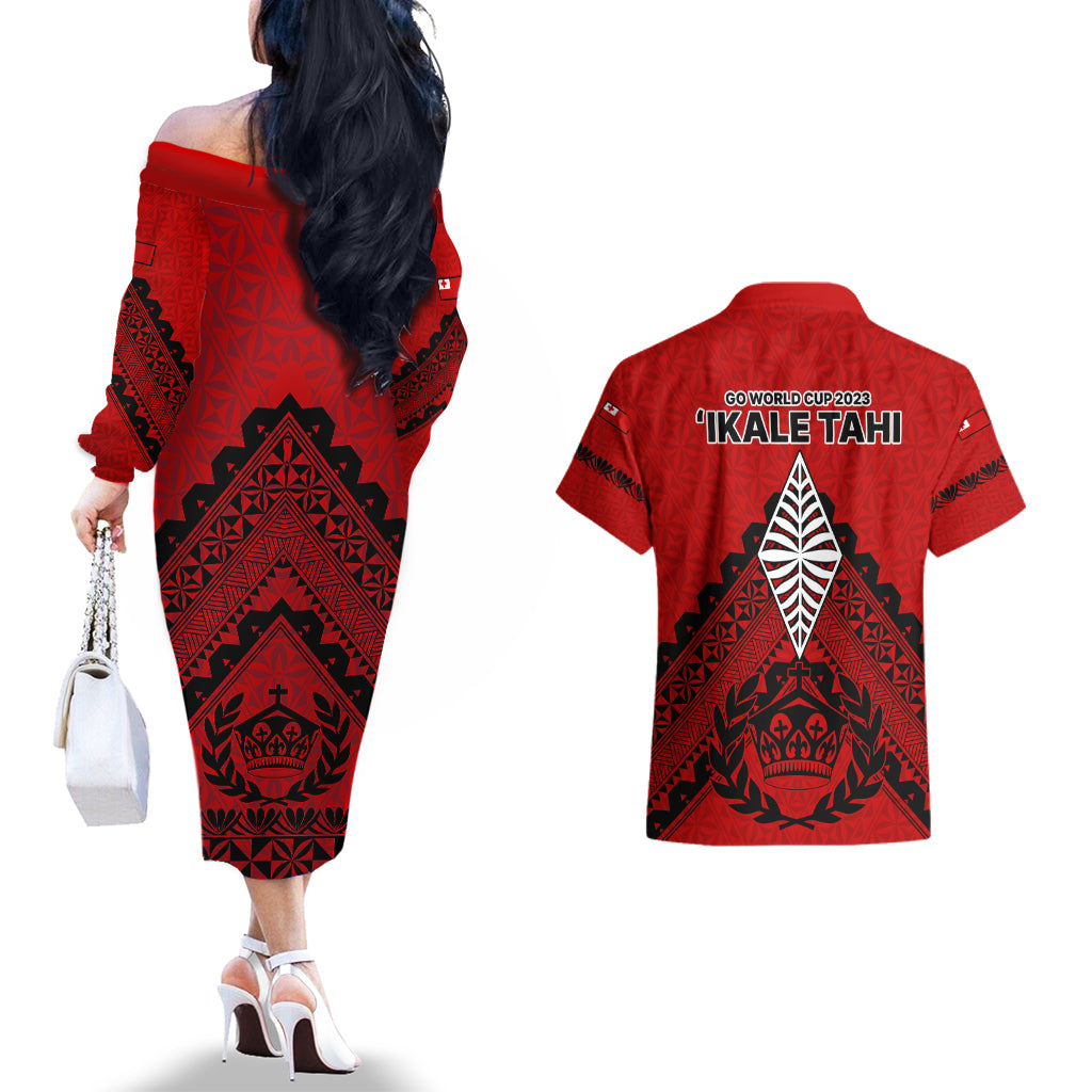 Tonga Rugby Couples Matching Off The Shoulder Long Sleeve Dress and Hawaiian Shirt Proud Tongan Ngatu Kupesi World Cup 2023 No2 LT9 - Wonder Print Shop