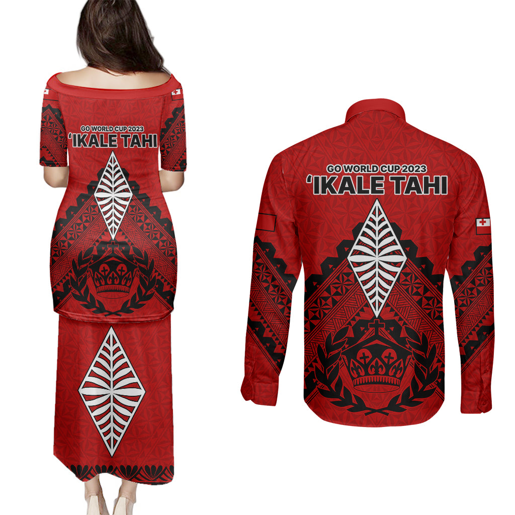 Tonga Rugby Couples Matching Puletasi Dress and Long Sleeve Button Shirts Proud Tongan Ngatu Kupesi World Cup 2023 No2 LT9 - Wonder Print Shop