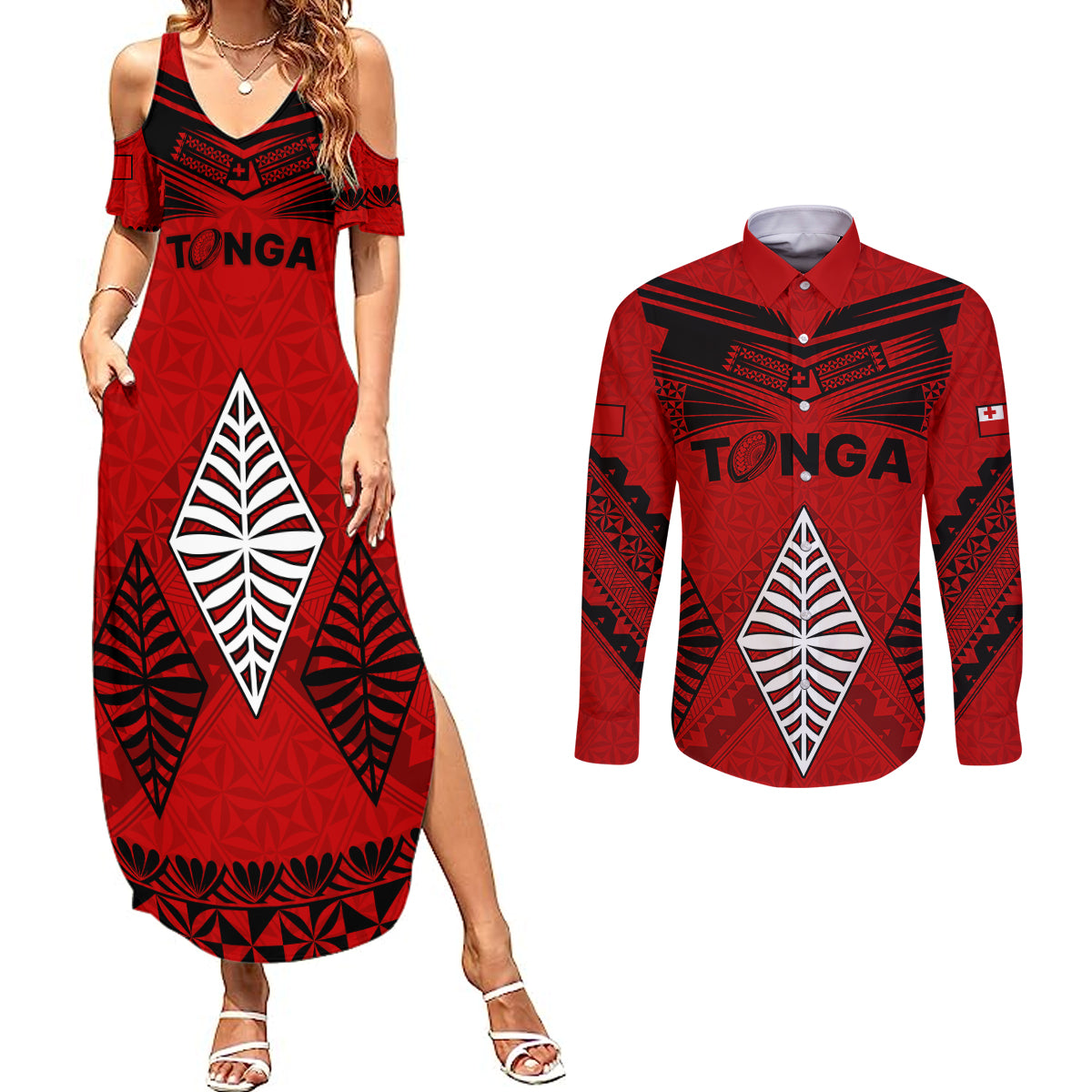 Tonga Rugby Couples Matching Summer Maxi Dress and Long Sleeve Button Shirts Proud Tongan Ngatu Kupesi World Cup 2023 No2 LT9 - Wonder Print Shop