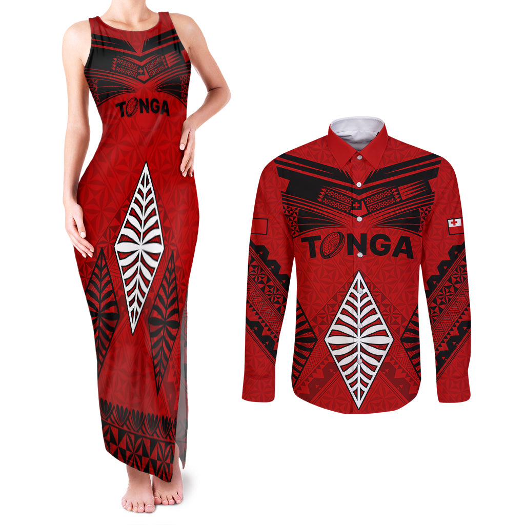 Tonga Rugby Couples Matching Tank Maxi Dress and Long Sleeve Button Shirts Proud Tongan Ngatu Kupesi World Cup 2023 No2 LT9 - Wonder Print Shop