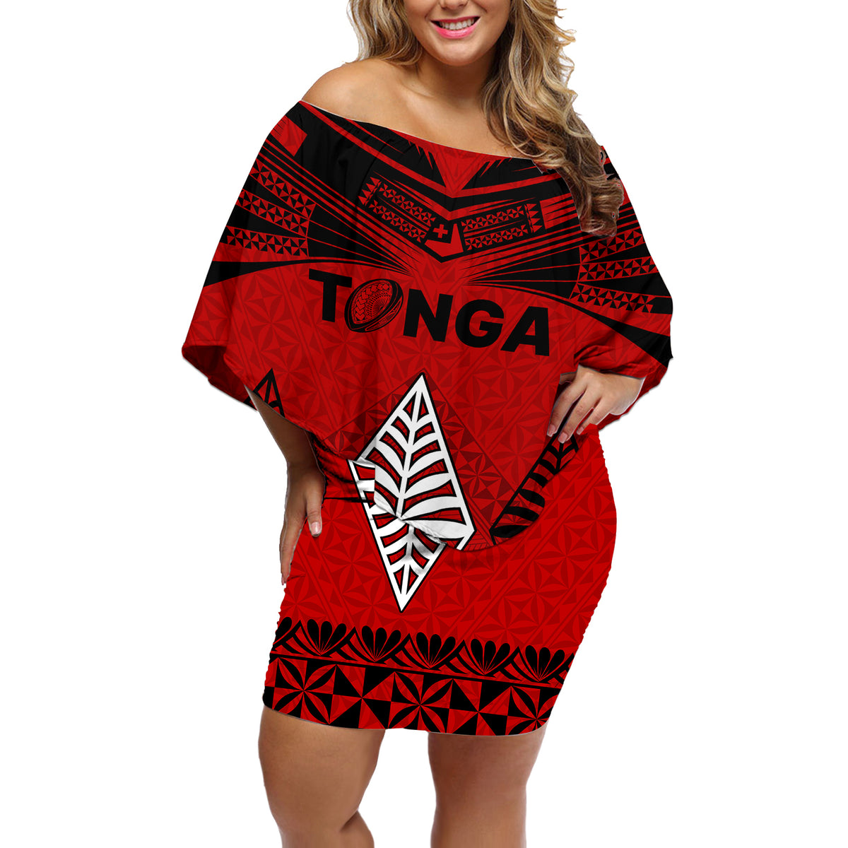 Tonga Rugby Off Shoulder Short Dress Proud Tongan Ngatu Kupesi World Cup 2023 No2 - Wonder Print Shop