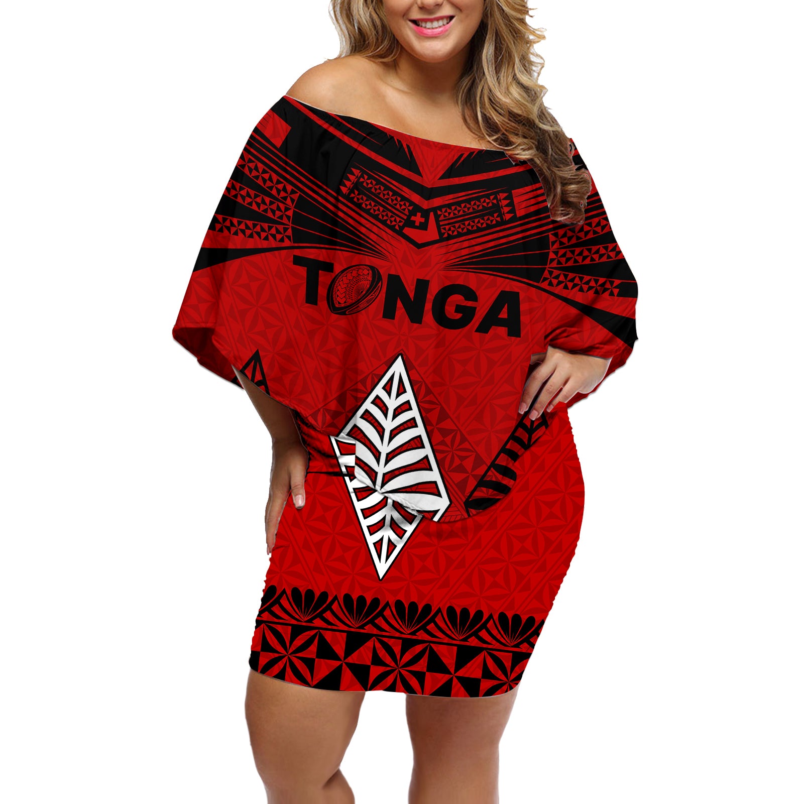 Tonga Rugby Off Shoulder Short Dress Proud Tongan Ngatu Kupesi World Cup 2023 No2 - Wonder Print Shop