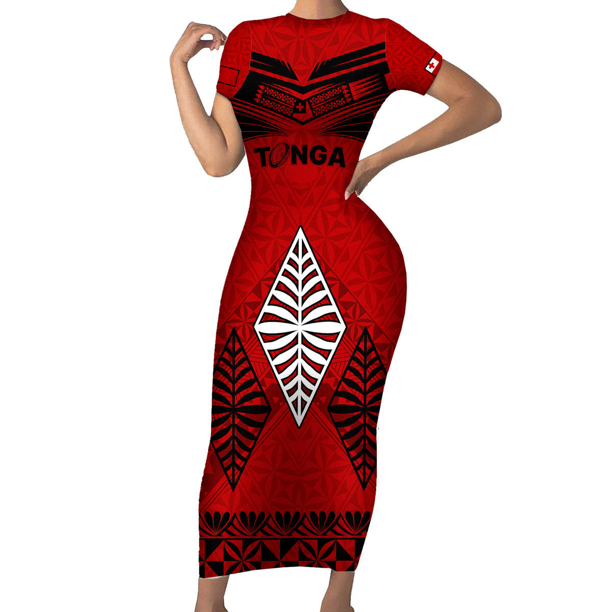 Tonga Rugby Short Sleeve Bodycon Dress Proud Tongan Ngatu Kupesi World Cup 2023 No2 - Wonder Print Shop