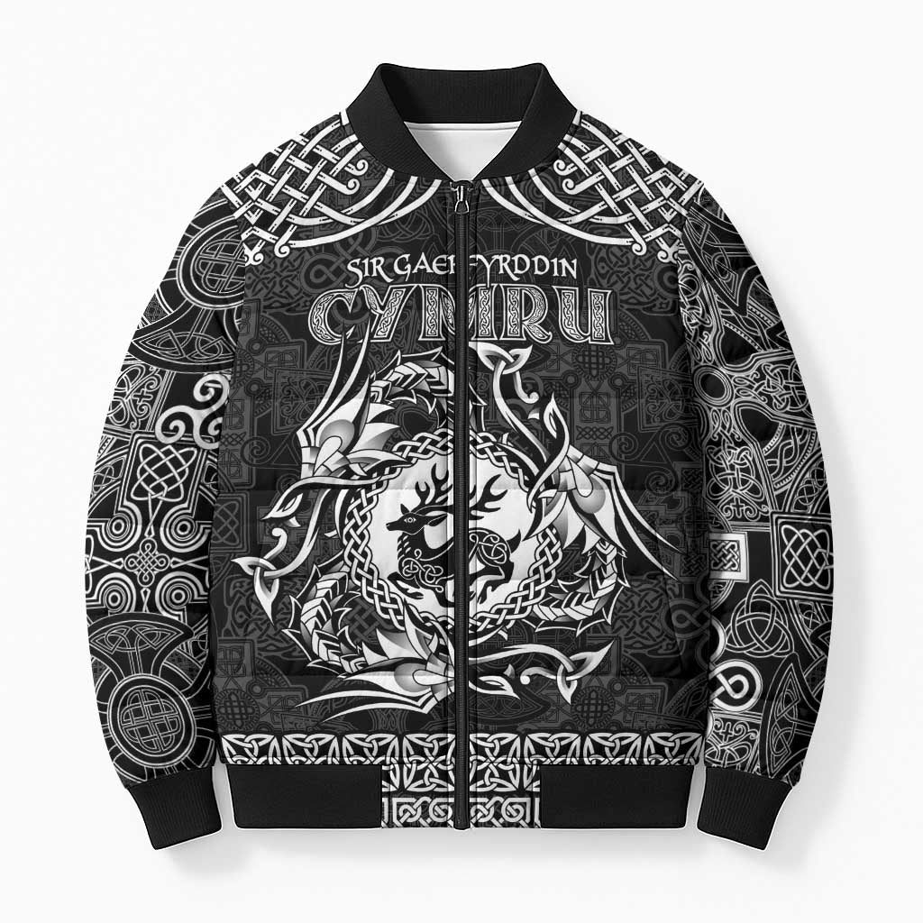 Personalized Carmarthenshire Sir Gaerfyrddin Bomber Puffer Jacket Black Deer Stag Celtic-inspired - Wonder Print Shop