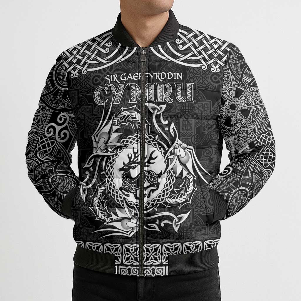 Personalized Carmarthenshire Sir Gaerfyrddin Bomber Puffer Jacket Black Deer Stag Celtic-inspired - Wonder Print Shop