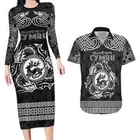 Personalized Carmarthenshire Sir Gaerfyrddin Couples Matching Long Sleeve Bodycon Dress and Hawaiian Shirt Black Deer Stag Celtic-inspired - Wonder Print Shop