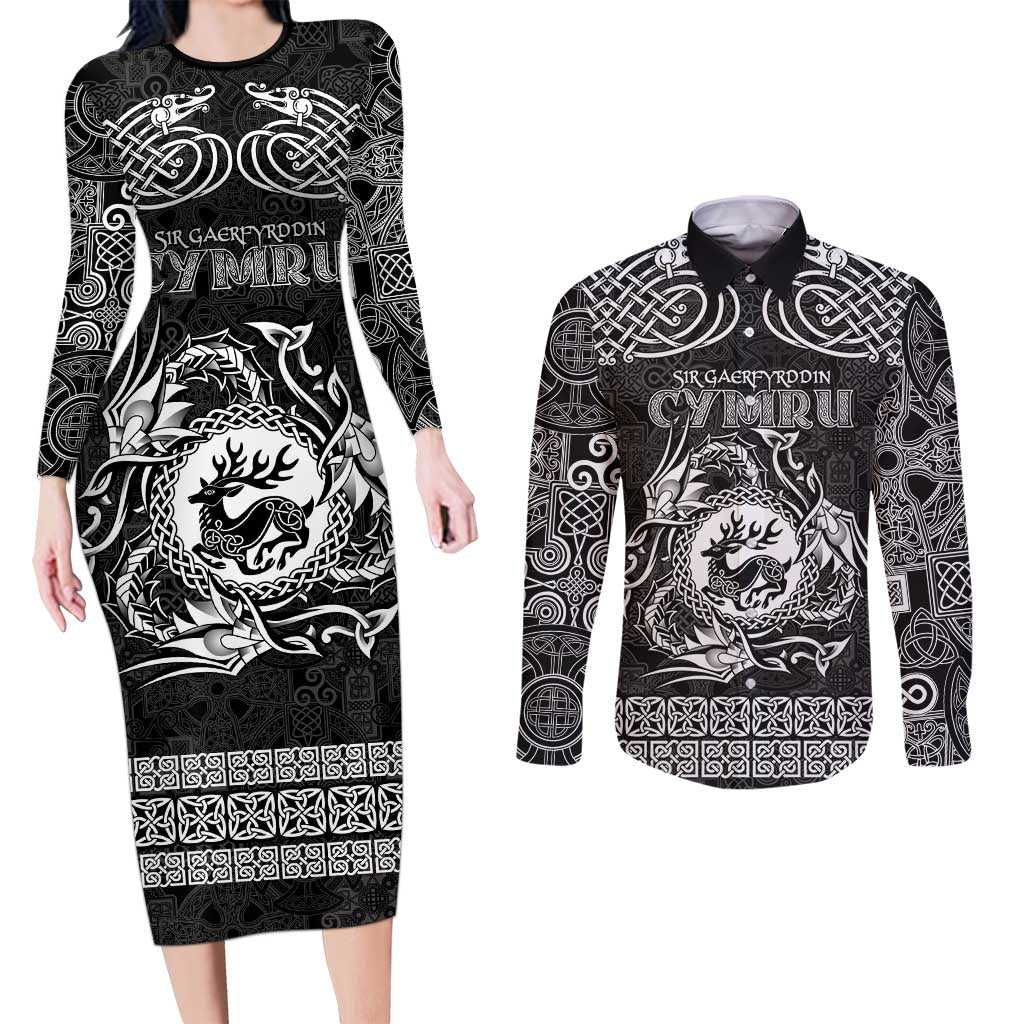 Personalized Carmarthenshire Sir Gaerfyrddin Couples Matching Long Sleeve Bodycon Dress and Long Sleeve Button Shirt Black Deer Stag Celtic-inspired - Wonder Print Shop