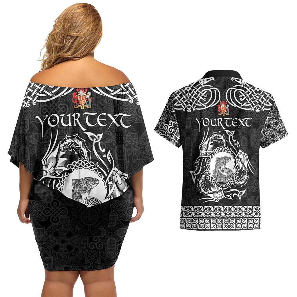 Personalized Carmarthenshire Sir Gaerfyrddin Couples Matching Off Shoulder Short Dress and Hawaiian Shirt Black Deer Stag Celtic-inspired - Wonder Print Shop