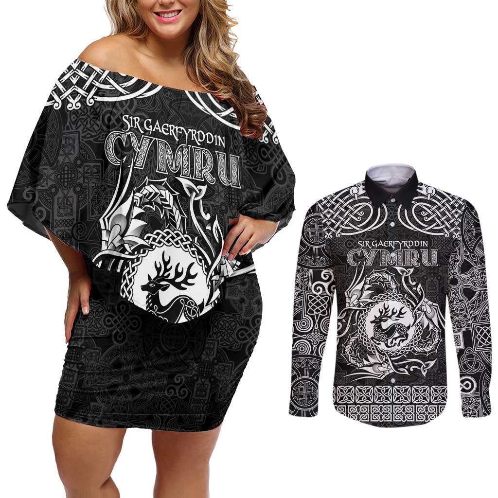 Personalized Carmarthenshire Sir Gaerfyrddin Couples Matching Off Shoulder Short Dress and Long Sleeve Button Shirt Black Deer Stag Celtic-inspired - Wonder Print Shop