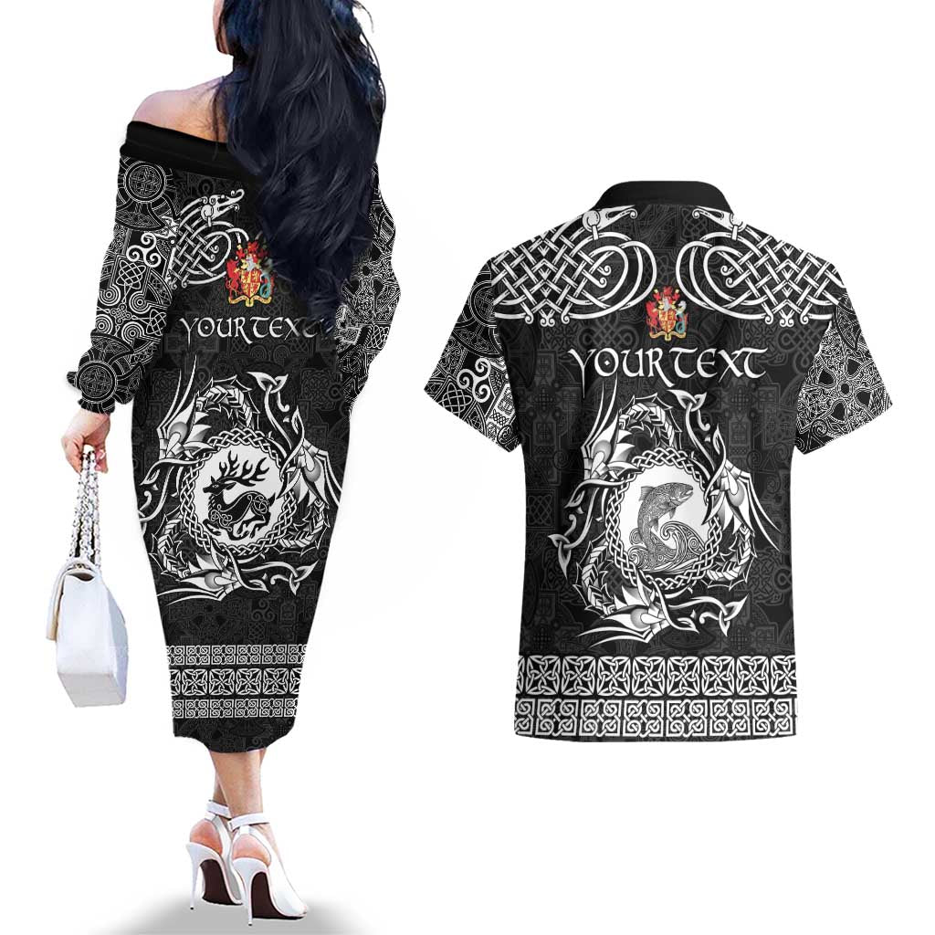 Personalized Carmarthenshire Sir Gaerfyrddin Couples Matching Off The Shoulder Long Sleeve Dress and Hawaiian Shirt Black Deer Stag Celtic-inspired - Wonder Print Shop