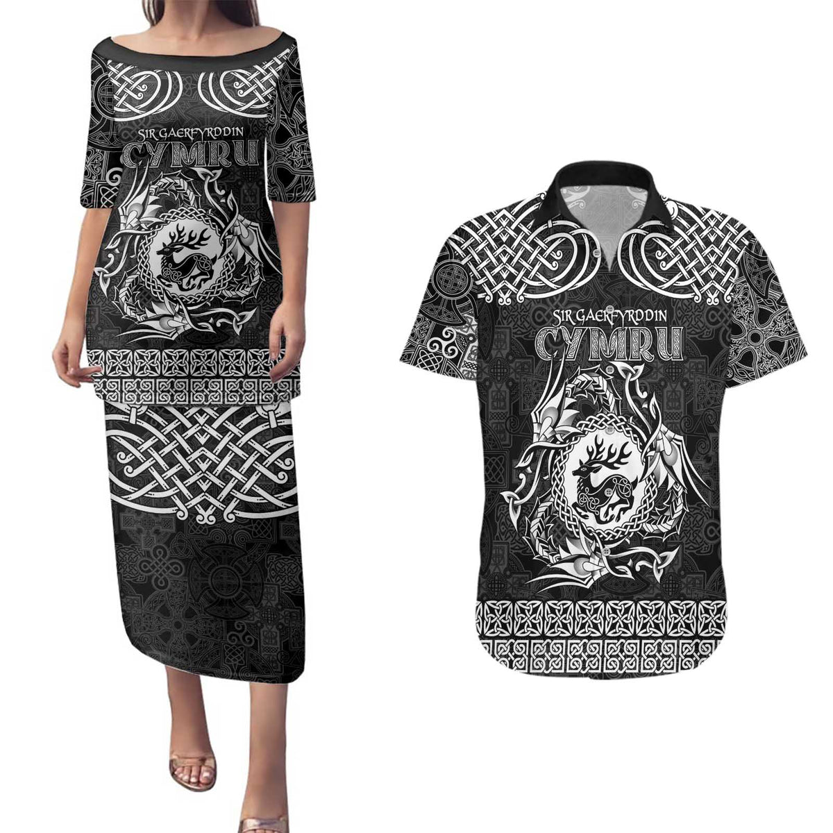 Personalized Carmarthenshire Sir Gaerfyrddin Couples Matching Puletasi and Hawaiian Shirt Black Deer Stag Celtic-inspired - Wonder Print Shop