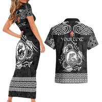 Personalized Carmarthenshire Sir Gaerfyrddin Couples Matching Short Sleeve Bodycon Dress and Hawaiian Shirt Black Deer Stag Celtic-inspired - Wonder Print Shop
