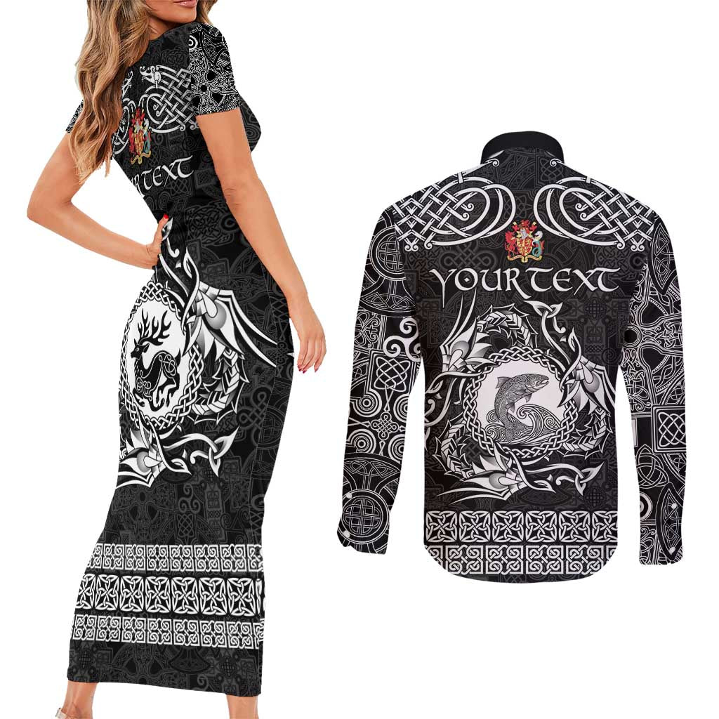 Personalized Carmarthenshire Sir Gaerfyrddin Couples Matching Short Sleeve Bodycon Dress and Long Sleeve Button Shirt Black Deer Stag Celtic-inspired - Wonder Print Shop