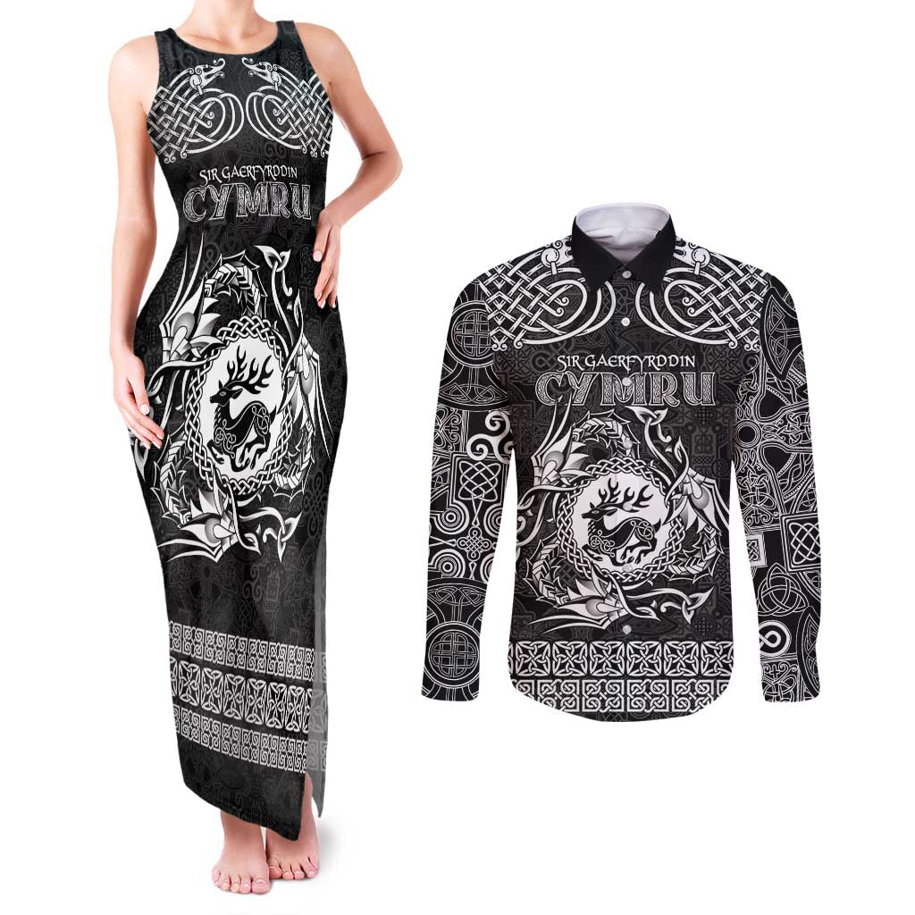 Personalized Carmarthenshire Sir Gaerfyrddin Couples Matching Tank Maxi Dress and Long Sleeve Button Shirt Black Deer Stag Celtic-inspired - Wonder Print Shop