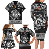 Personalized Carmarthenshire Sir Gaerfyrddin Family Matching Long Sleeve Bodycon Dress and Hawaiian Shirt Black Deer Stag Celtic-inspired - Wonder Print Shop