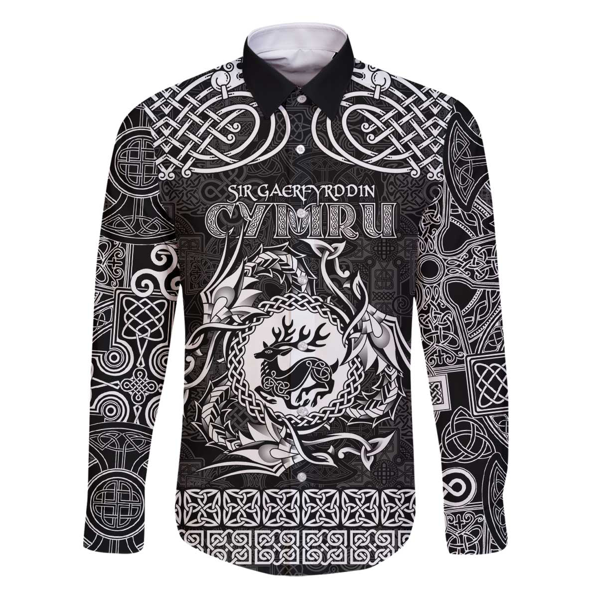 Personalized Carmarthenshire Sir Gaerfyrddin Family Matching Off The Shoulder Long Sleeve Dress and Hawaiian Shirt Black Deer Stag Celtic-inspired - Wonder Print Shop
