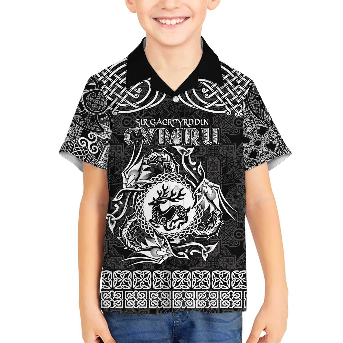 Personalized Carmarthenshire Sir Gaerfyrddin Family Matching Off The Shoulder Long Sleeve Dress and Hawaiian Shirt Black Deer Stag Celtic-inspired - Wonder Print Shop
