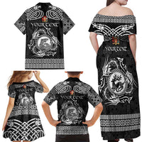 Personalized Carmarthenshire Sir Gaerfyrddin Family Matching Off Shoulder Maxi Dress and Hawaiian Shirt Black Deer Stag Celtic-inspired - Wonder Print Shop