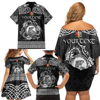 Personalized Carmarthenshire Sir Gaerfyrddin Family Matching Off Shoulder Short Dress and Hawaiian Shirt Black Deer Stag Celtic-inspired - Wonder Print Shop