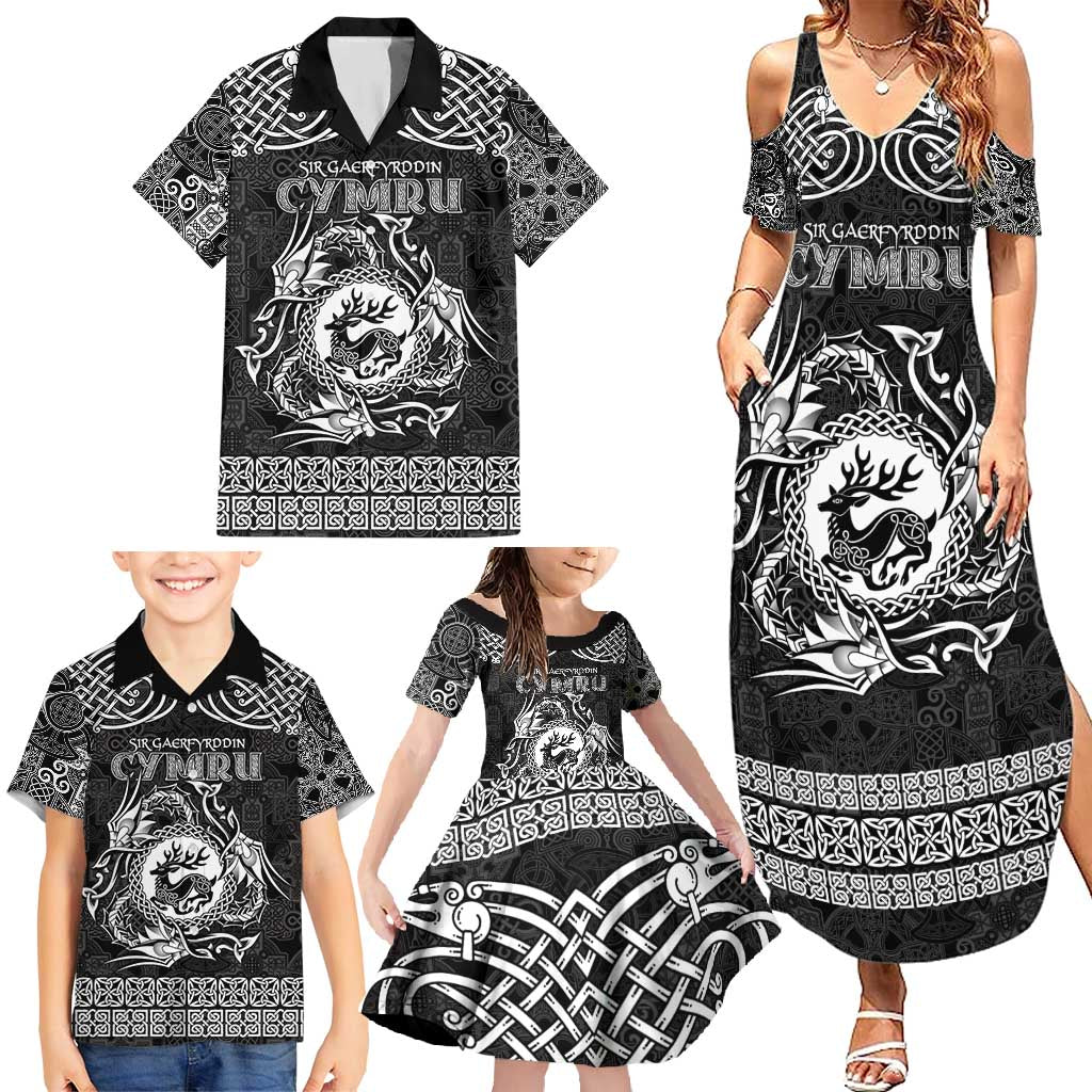 Personalized Carmarthenshire Sir Gaerfyrddin Family Matching Summer Maxi Dress and Hawaiian Shirt Black Deer Stag Celtic-inspired - Wonder Print Shop