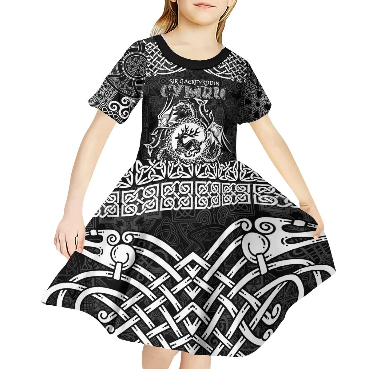 Personalized Carmarthenshire Sir Gaerfyrddin Kid Short Sleeve Dress Black Deer Stag Celtic-inspired - Wonder Print Shop