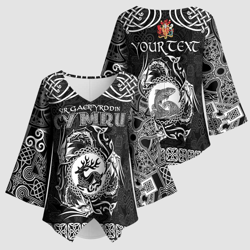 Personalized Carmarthenshire Sir Gaerfyrddin Kimono Sleeve Blouse Black Deer Stag Celtic-inspired - Wonder Print Shop