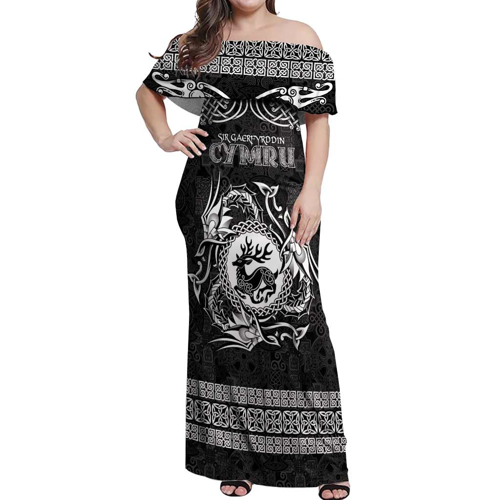 Personalized Carmarthenshire Sir Gaerfyrddin Off Shoulder Maxi Dress Black Deer Stag Celtic-inspired - Wonder Print Shop