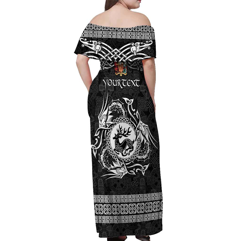 Personalized Carmarthenshire Sir Gaerfyrddin Off Shoulder Maxi Dress Black Deer Stag Celtic-inspired - Wonder Print Shop